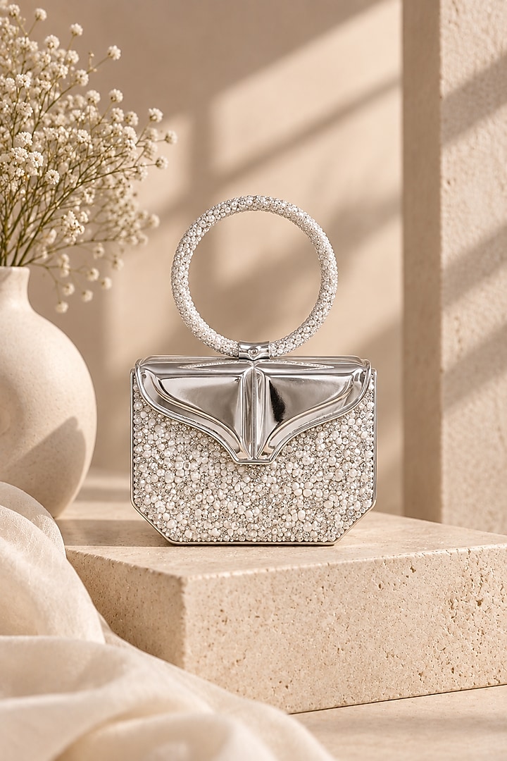 Silver Vegan Leather Sequins & Crystal Work Clutch by TAN Studio at Pernia's Pop Up Shop