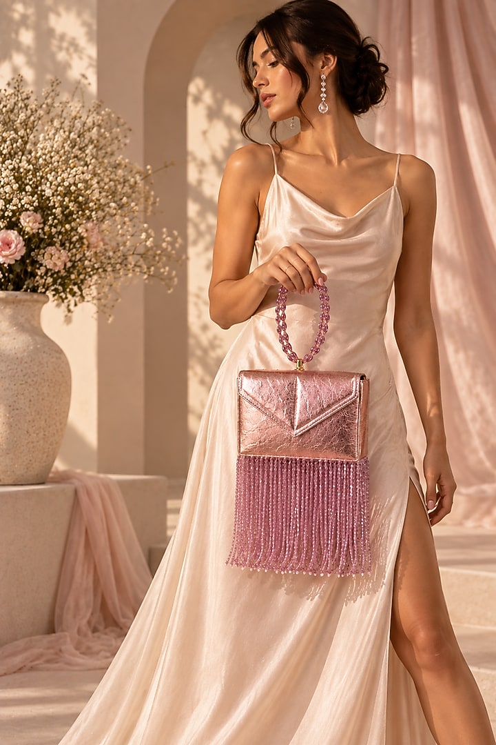 Rose Gold Vegan Leather Fringe Embellished Clutch by TAN Studio at Pernia's Pop Up Shop