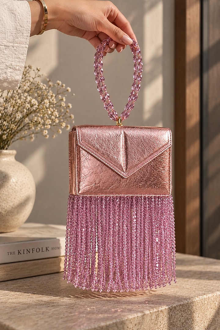 Rose Gold Vegan Leather Fringe Embellished Clutch by TAN Studio at Pernia's Pop Up Shop