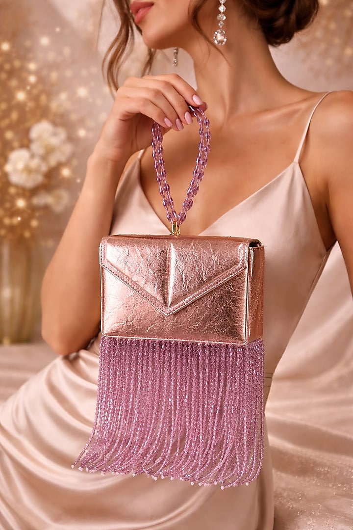 Rose Gold Vegan Leather Fringe Embellished Clutch by TAN Studio at Pernia's Pop Up Shop