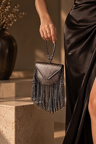 Gunmetal Grey Vegan Leather Fringe Embellished Clutch by TAN Studio