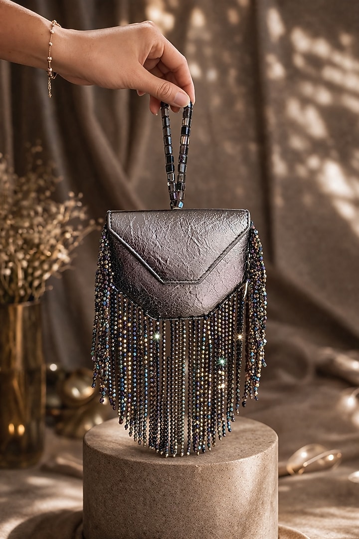 Gunmetal Grey Vegan Leather Fringe Embellished Clutch by TAN Studio at Pernia's Pop Up Shop