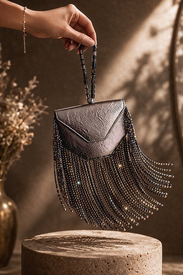 Gunmetal Grey Vegan Leather Fringe Embellished Clutch by TAN Studio at Pernia's Pop Up Shop
