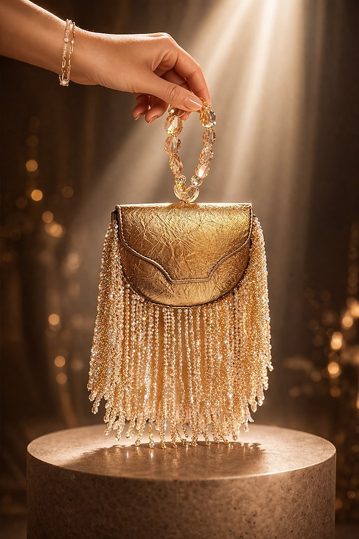 Gold Vegan Leather Fringe Embellished Clutch by TAN Studio at Pernia's Pop Up Shop