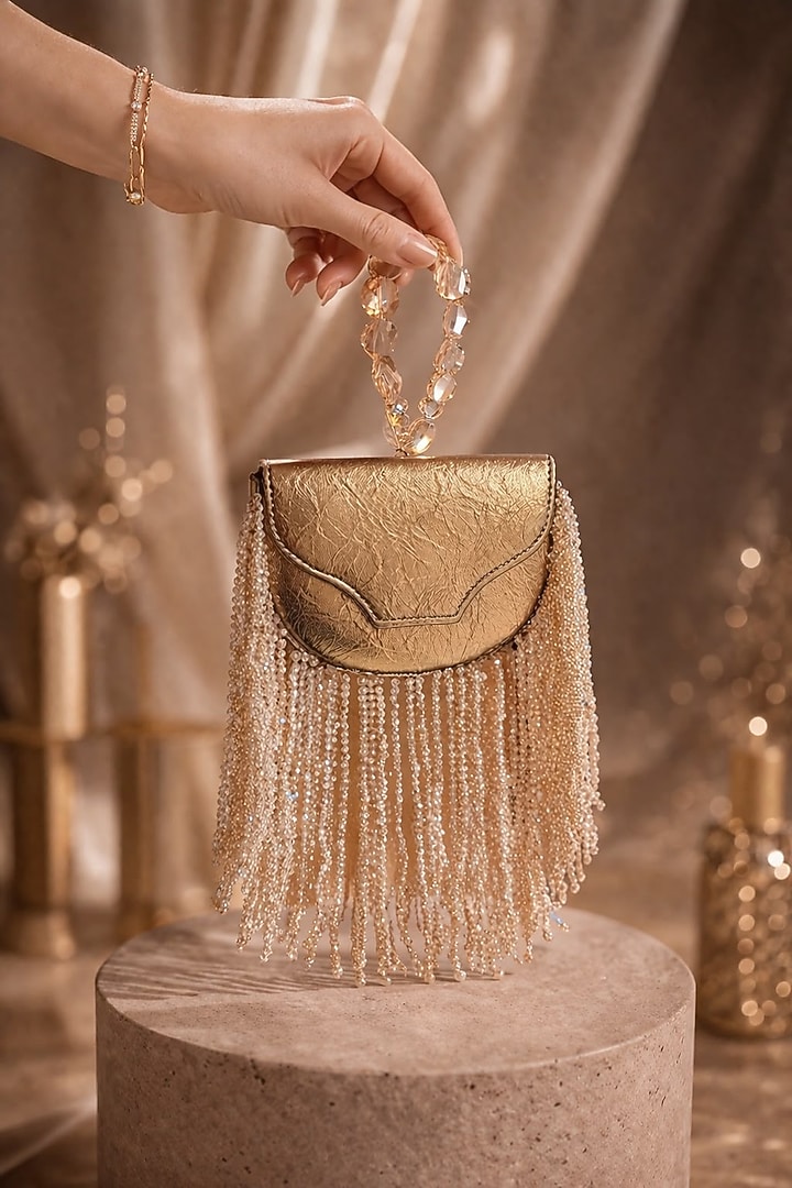 Gold Vegan Leather Fringe Embellished Clutch by TAN Studio at Pernia's Pop Up Shop