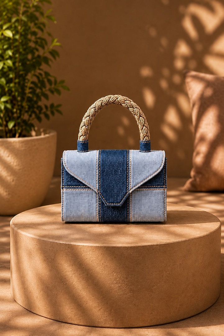 Blue Denim & Jute Braided Clutch by TAN Studio at Pernia's Pop Up Shop