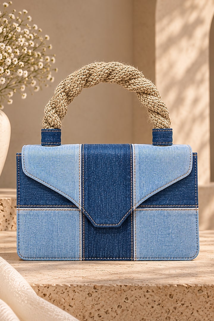 Blue Denim & Jute Braided Clutch by TAN Studio at Pernia's Pop Up Shop