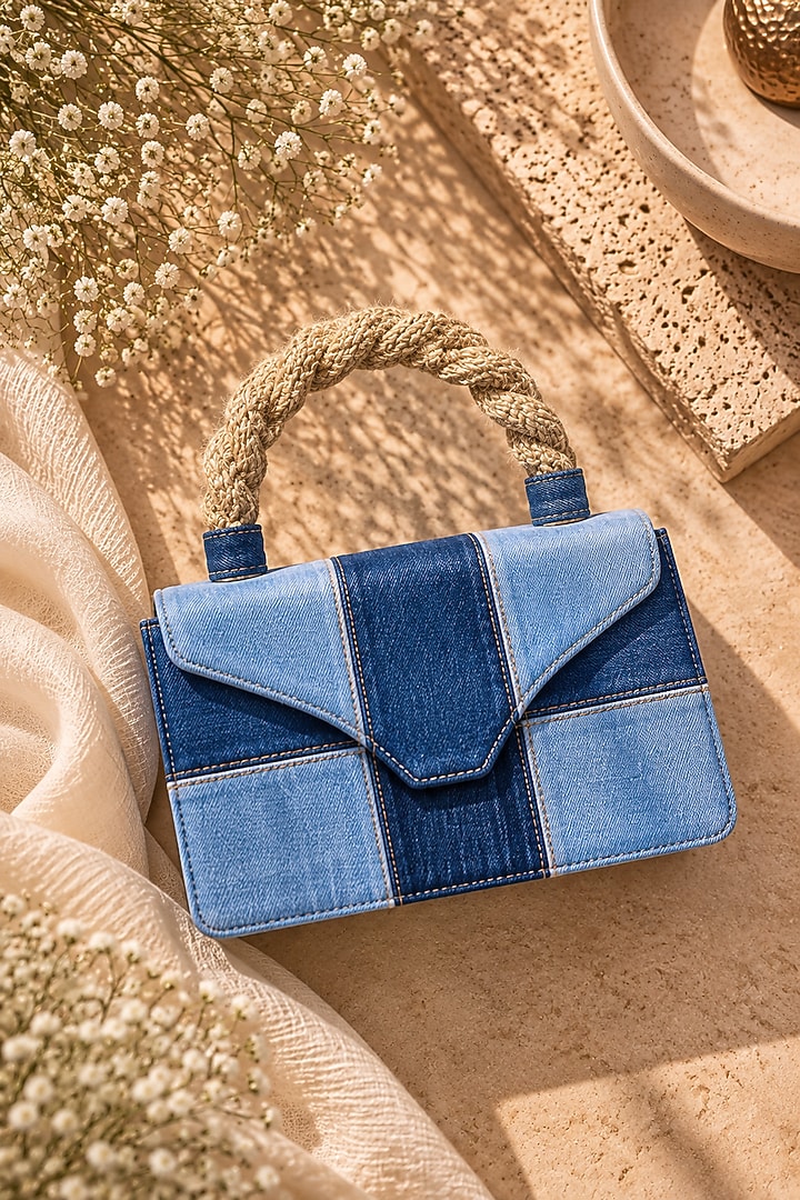 Blue Denim & Jute Braided Clutch by TAN Studio at Pernia's Pop Up Shop