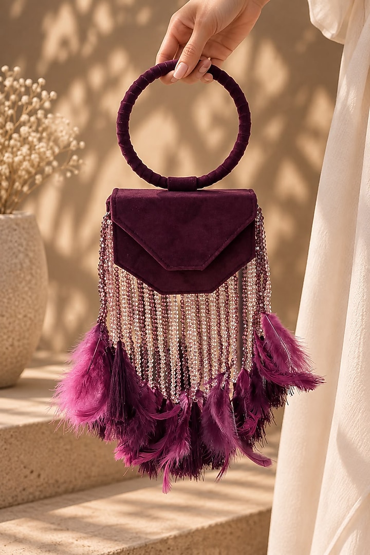 Wine Suede Fringe Embellished Clutch by TAN Studio at Pernia's Pop Up Shop