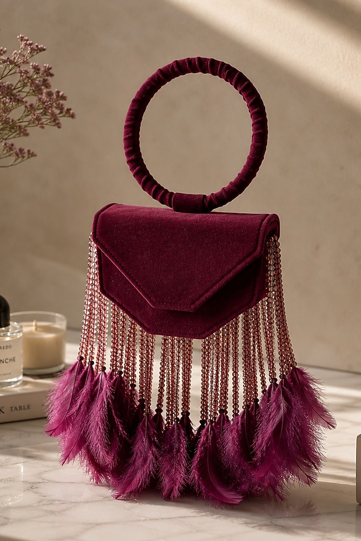 Wine Suede Fringe Embellished Clutch by TAN Studio at Pernia's Pop Up Shop