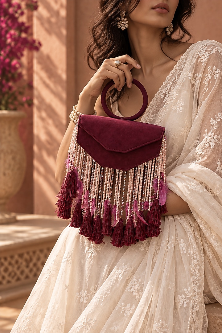 Wine Suede Fringe Embellished Clutch by TAN Studio at Pernia's Pop Up Shop