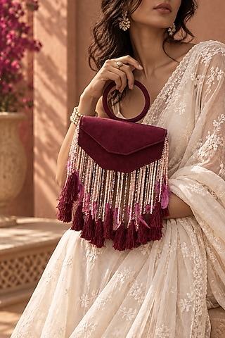 Wine Suede Fringe Embellished Clutch by TAN Studio