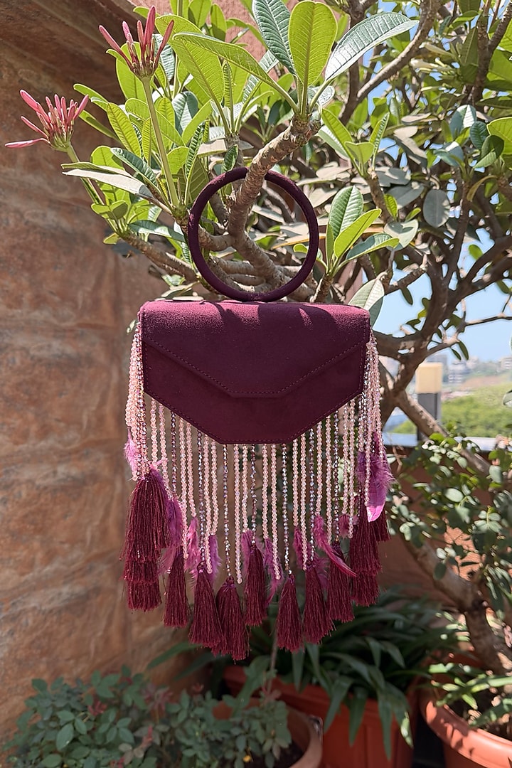 Wine Suede Fringe Embellished Clutch by TAN Studio at Pernia's Pop Up Shop