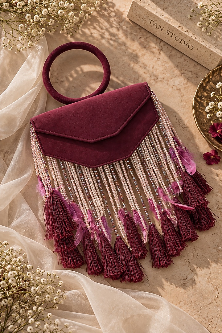 Wine Suede Fringe Embellished Clutch by TAN Studio at Pernia's Pop Up Shop