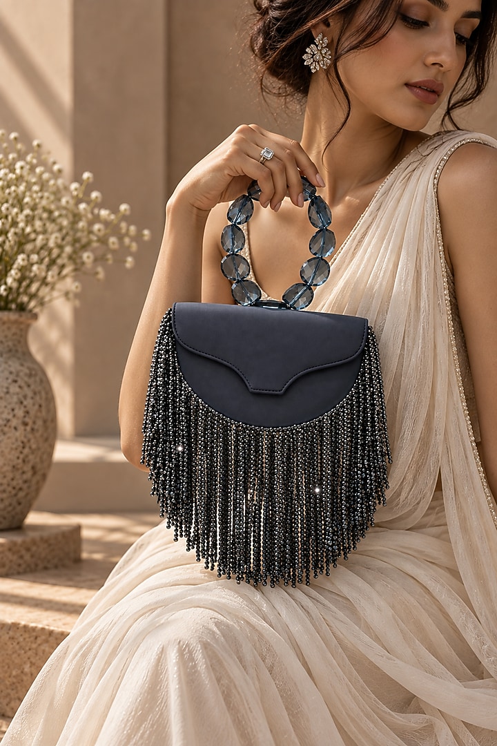 Navy Blue Vegan Leather Embellished Clutch by TAN Studio at Pernia's Pop Up Shop