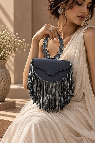 Navy Blue Vegan Leather Embellished Clutch by TAN Studio