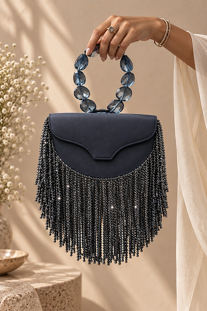 Navy Blue Vegan Leather Embellished Clutch by TAN Studio at Pernia's Pop Up Shop