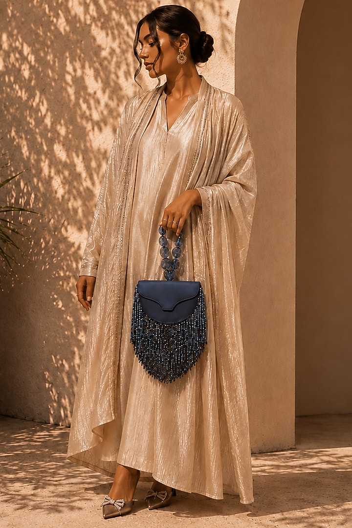 Navy Blue Vegan Leather Embellished Clutch by TAN Studio at Pernia's Pop Up Shop