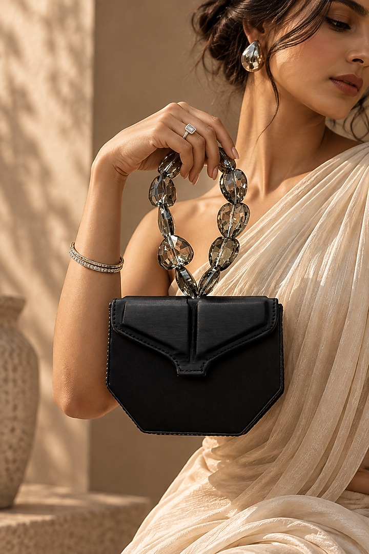 Black Vegan Leather Embellished Clutch by TAN Studio at Pernia's Pop Up Shop