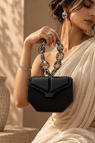 Black Vegan Leather Embellished Clutch by TAN Studio