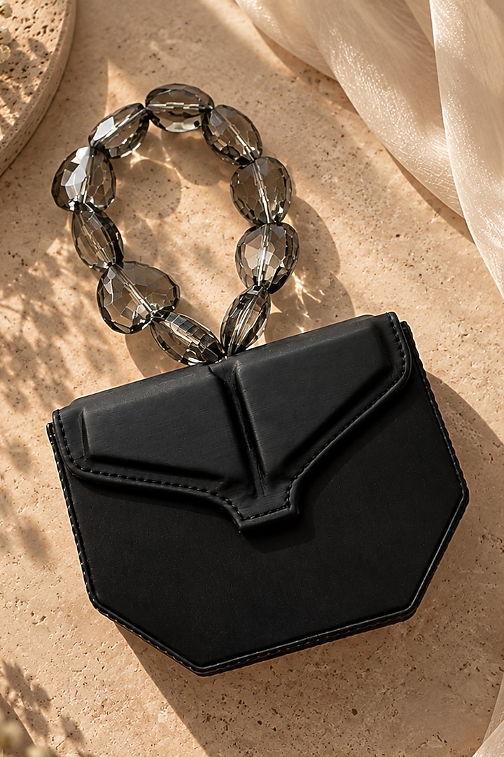 Black Vegan Leather Embellished Clutch by TAN Studio at Pernia's Pop Up Shop