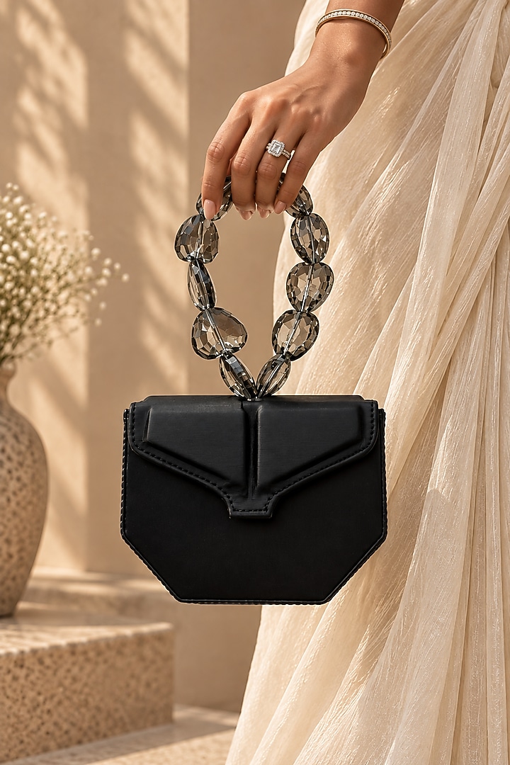 Black Vegan Leather Embellished Clutch by TAN Studio at Pernia's Pop Up Shop