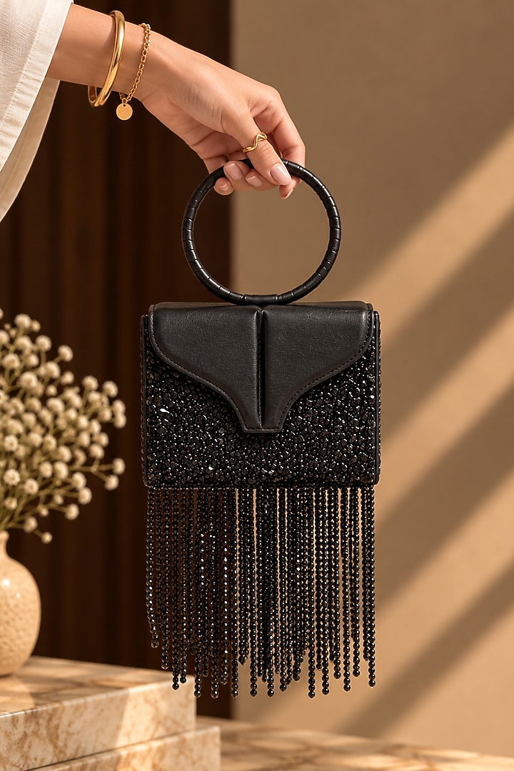 Black Vegan Leather Fringe Embellished Rectangular Clutch by TAN Studio at Pernia's Pop Up Shop