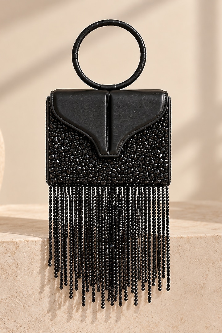 Black Vegan Leather Fringe Embellished Rectangular Clutch by TAN Studio at Pernia's Pop Up Shop