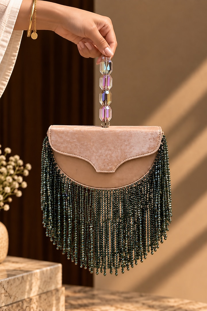 Peach Suede Fringe Embellished Clutch by TAN Studio at Pernia's Pop Up Shop