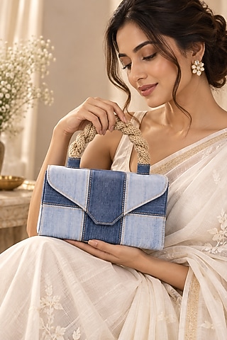 Blue Denim & Jute Braided Clutch by TAN Studio