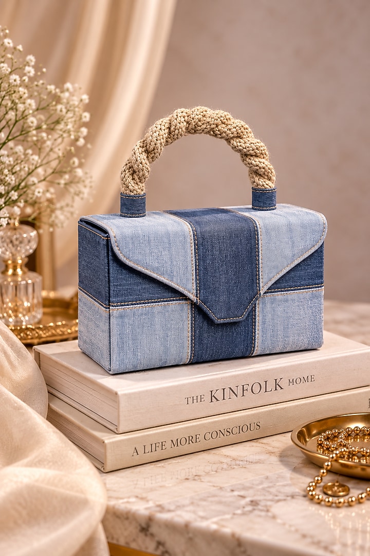 Blue Denim & Jute Braided Clutch by TAN Studio at Pernia's Pop Up Shop