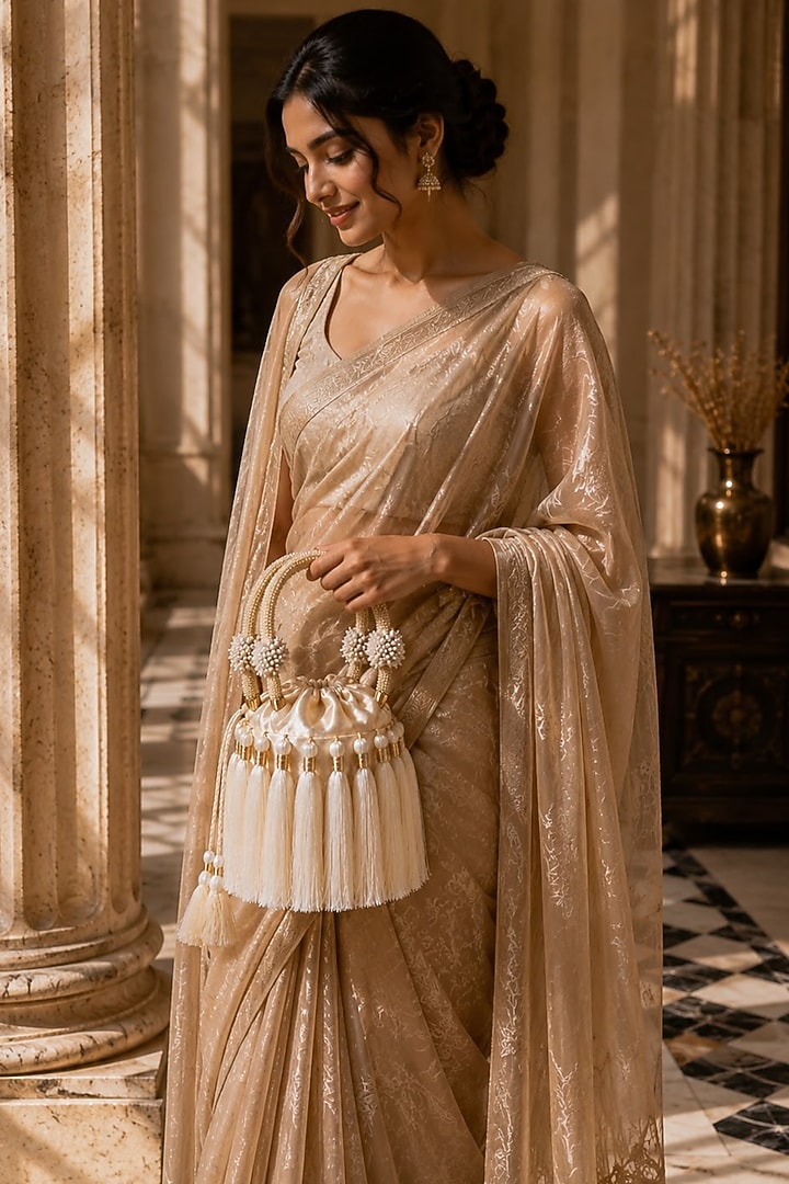 Ivory Satin Fringe Embellished Potli by TAN Studio at Pernia's Pop Up Shop