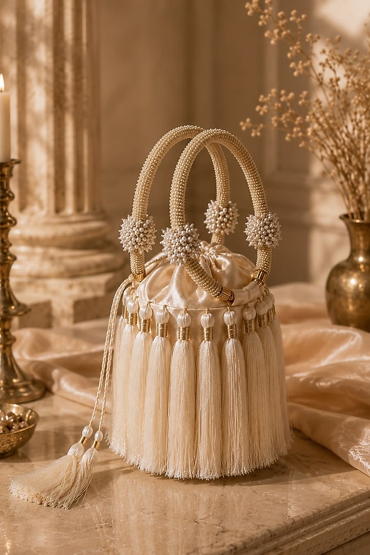Ivory Satin Fringe Embellished Potli by TAN Studio at Pernia's Pop Up Shop