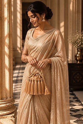 Gold Satin Fringe Embellished Potli by TAN Studio