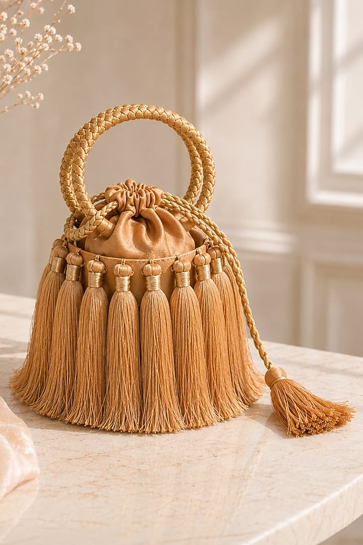 Gold Satin Fringe Embellished Potli by TAN Studio at Pernia's Pop Up Shop