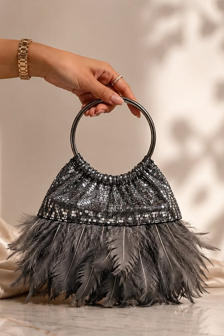 Gunmetal-Colored Vegan Leather Feather Handbag by TAN Studio at Pernia's Pop Up Shop