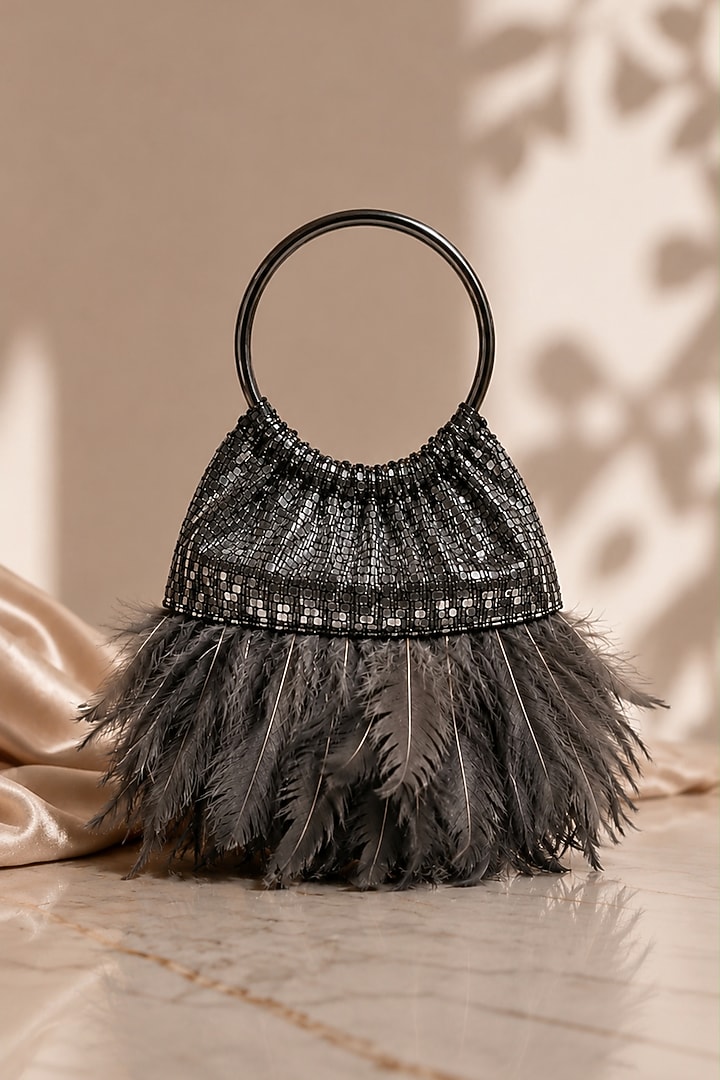 Gunmetal-Colored Vegan Leather Feather Handbag by TAN Studio at Pernia's Pop Up Shop