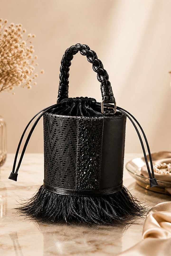 Black Vegan Leather Textured Bucket Bag by TAN Studio at Pernia's Pop Up Shop