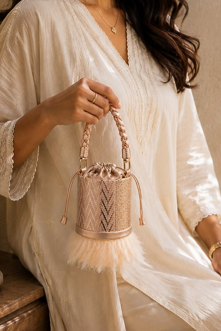 Rose Gold Vegan Leather Textured Bucket Bag by TAN Studio at Pernia's Pop Up Shop