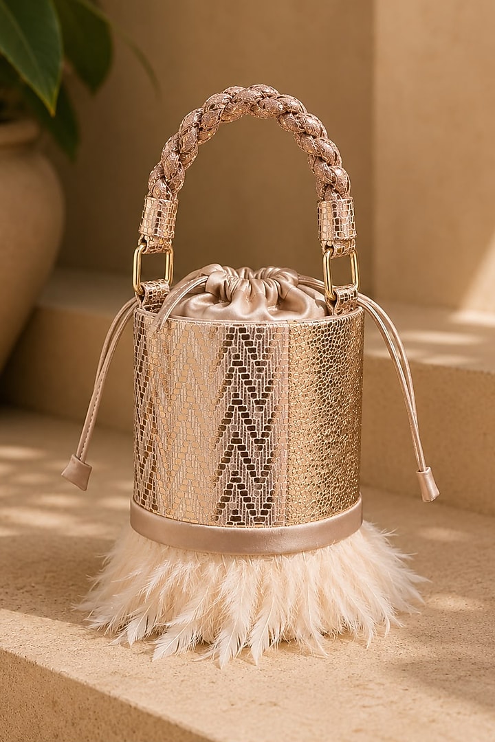 Rose Gold Vegan Leather Textured Bucket Bag by TAN Studio at Pernia's Pop Up Shop