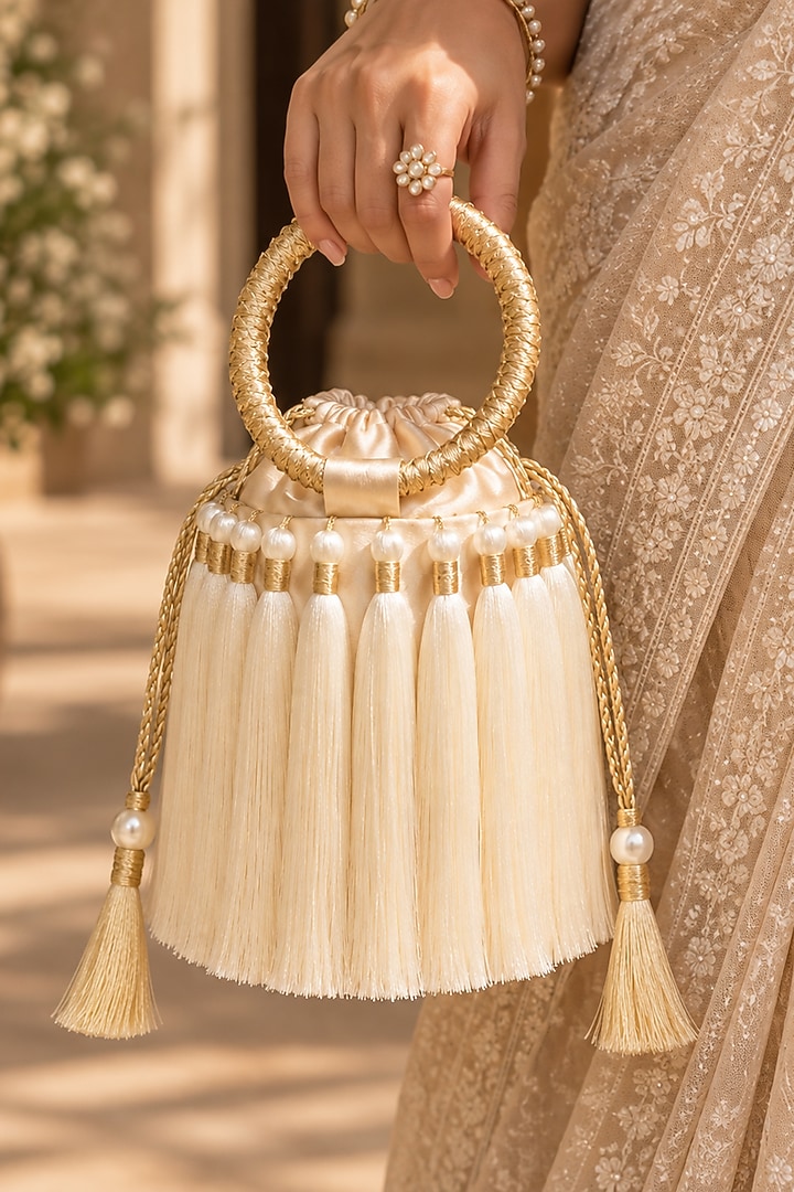 Ivory Satin Embellished Handcrafted Potli by TAN Studio at Pernia's Pop Up Shop