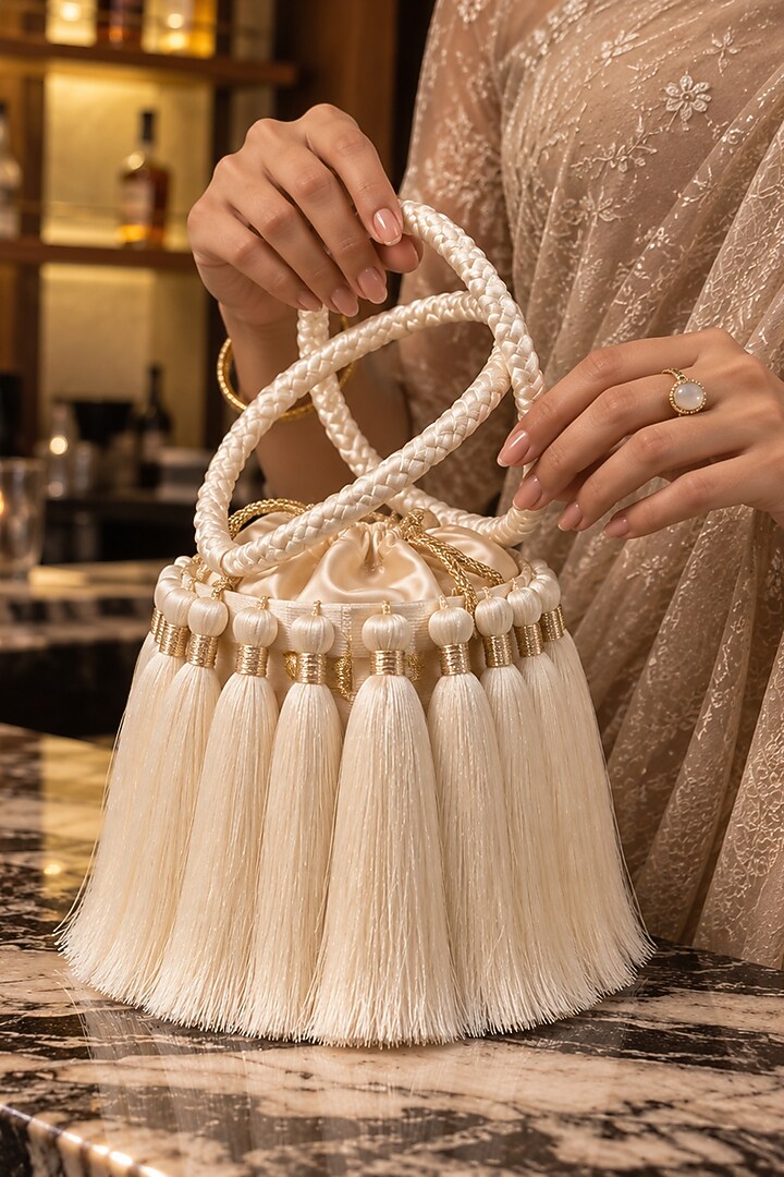 Ivory Satin Embellished Handcrafted Potli by TAN Studio at Pernia's Pop Up Shop