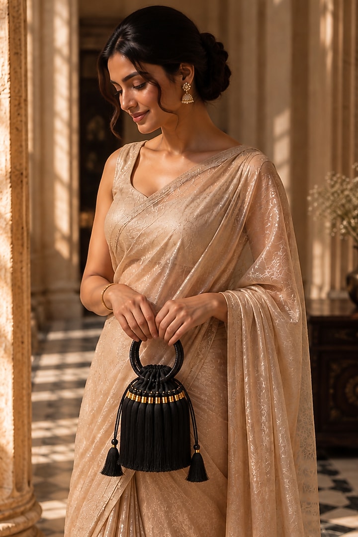 Black Satin Embellished Potli by TAN Studio at Pernia's Pop Up Shop
