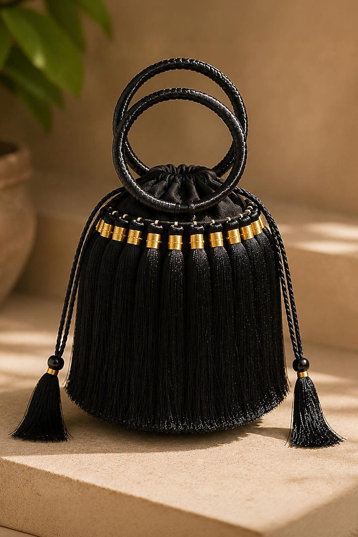 Black Satin Embellished Potli by TAN Studio at Pernia's Pop Up Shop