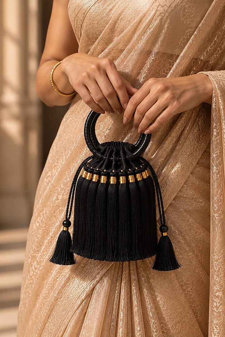 Black Satin Embellished Potli by TAN Studio at Pernia's Pop Up Shop
