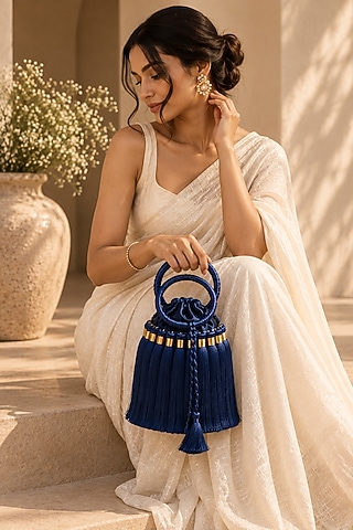Blue Satin Embellished Potli by TAN Studio