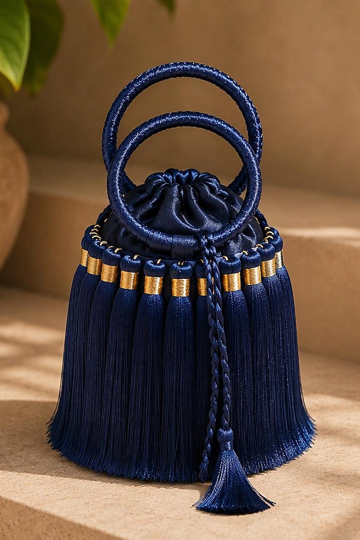 Blue Satin Embellished Potli by TAN Studio at Pernia's Pop Up Shop