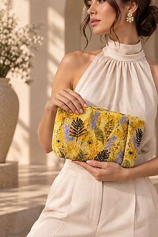 Yellow Vegan Fabric Floral  Printed & Beadwork Clutch by TAN Studio