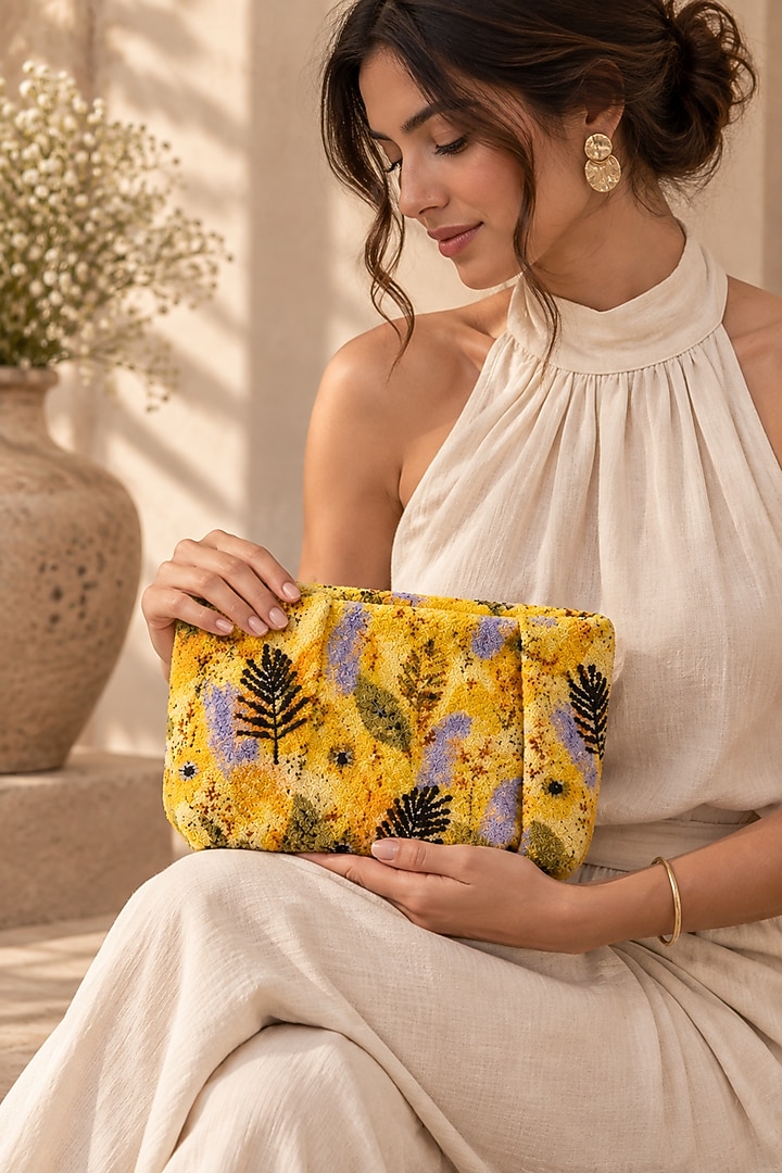 Yellow Vegan Fabric Floral Printed & Beadwork Clutch by TAN Studio at Pernia's Pop Up Shop