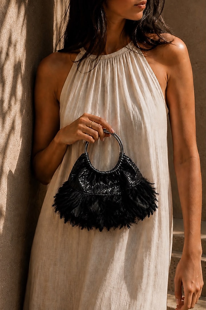 Black Vegan Fabric Feather Handbag by TAN Studio at Pernia's Pop Up Shop